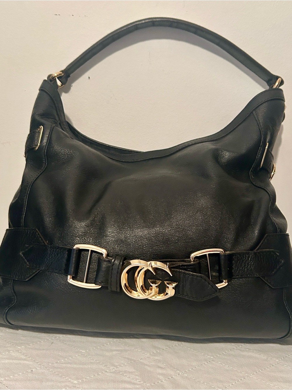Gucci Black Leather Shoulder Bag with Gold Double G Buckle